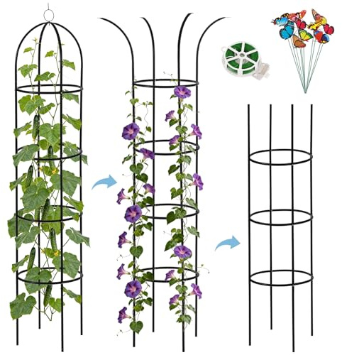 DEVISEFUN 6.6ft 100% Metal Obelisk Trellis for Climbing Plants Outdoor | 2PK Garden Tower Trellis for Potted Plants Indoor with Twist Tie and Butterflies, Plant Support for Clematis Tomato Cucumber