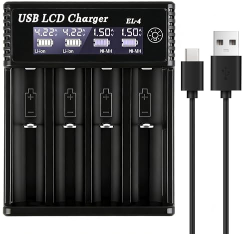 4-slot AA AAA Battery Charger with LCD Display, 5V 2A Type C Input for 1.2V Ni-MH Ni-CD AA AAA & 3.7V Li-ion Rechargeable Batteries 18650 18500 18350 17670 17500 16340 14500 26650 with USB Cable