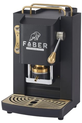 FABER COFFEE MACHINES | Deluxe 3.0 | Kaffeemaschine ESE 44mm mit Elektroventil, herausnehmbarer Padhalter, 1L Glasbehälter und verstellbarer Messing-Padpresser (Schwarz, Messing)