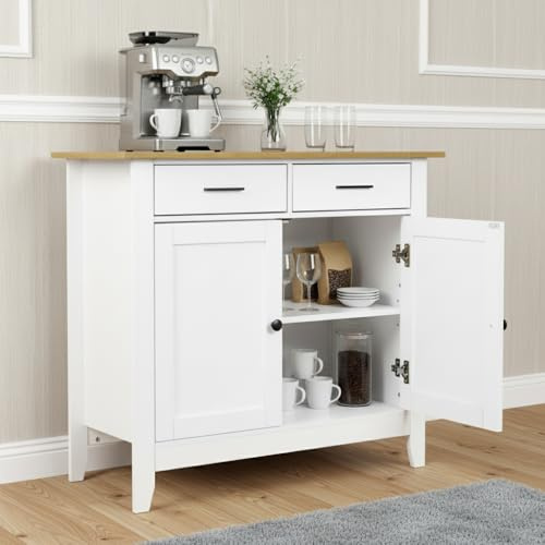 Songvas Küchenschrank, Sideboard mit Türen und Schublade, 91 × 40 × 82 cm, Spanplatte/MDF, Landhausstil, Küchenschrank mit Arbeitsplatte für Küche, Esszimmer und Wohnzimmer (Weiß, Eiche Dekor)