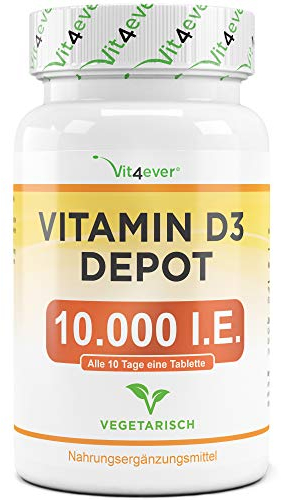 Vitamine D3 10.000 I.E. Depot - 365 Comprimés - Haute Dose - Végétarien - Haute Pureté - 10 Dose Journalière 1000 I.E. par Jour