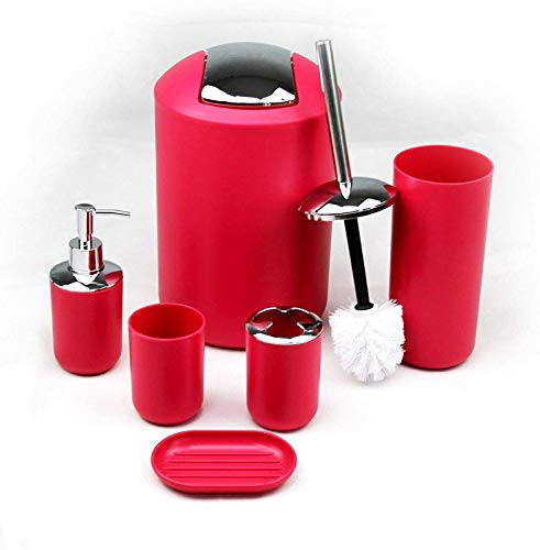 6tlg Badset Badezimmer Zubehör Set Organizer: Seifenspender, Zahnputzbecher, Kosmetikeimer, WC Bürste und Halter, Seifenschale, Mülleimer, Zahnbürstenhalter, Badgarnitur (Rot Design 2)