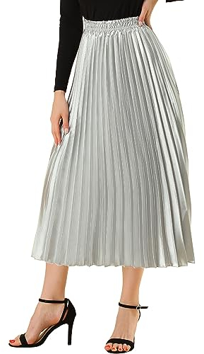 Allegra K Gonna da Donna Midi, Plissettata a Fisarmonica, Metallizzata Lucida con Elastico in Vita, tonalità Argento., M