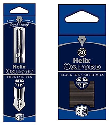 Helix Oxford Fountain Pen (Oxford Blue) with x20 pack of Black Ink Cartridges