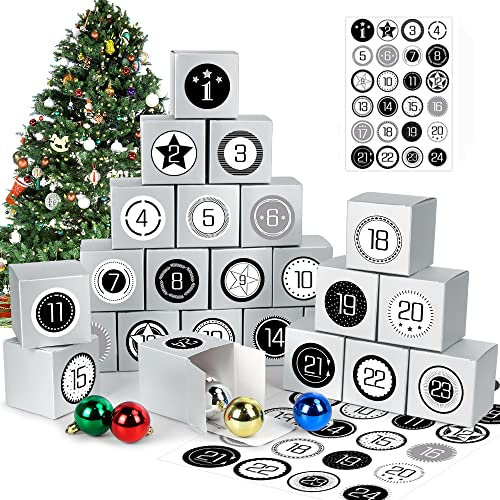 Adventskalender zum Befüllen, 24 Schachteln zum Befüllen, DIY Adventskalender, Adventskalender Geschenkboxen mit Zahlenaufklebern, Adventskalender zum Selbst Befüllen Silver