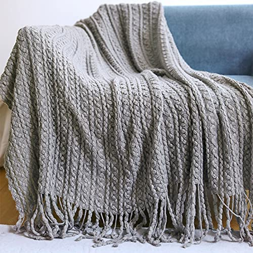 Zoomlie Acryl-Strickdecke mit Fransen, Quasten, grau, schlicht, modisch, einfarbig, Textur, luxuriöse Decke für Sofas, Couch, Stühle, Reise, Sofa, Bett (grau, 127 x 152 cm + 15 cm Quaste)