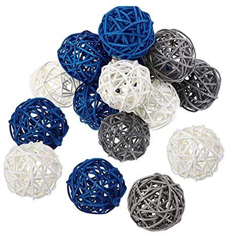 Perfeclan 15 PCS Misto Vimini Naturali Palline in Rattan, Palline Decorative Rattan, Soprammobili, Fatti a Mano Artigianato Decorativo, Natale Casa Aromaterapia Giardino - Blu Grigio Bianco 15