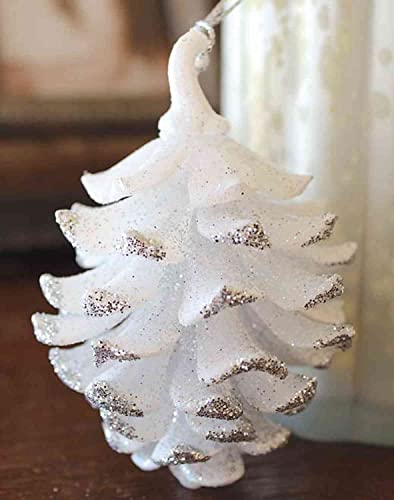 INNA-Glas Acryl Hänger Tannenzapfen CATHARINA, Glitzer, weiß-Silber, 9cm, Ø7cm - Weihnachtsanhänger