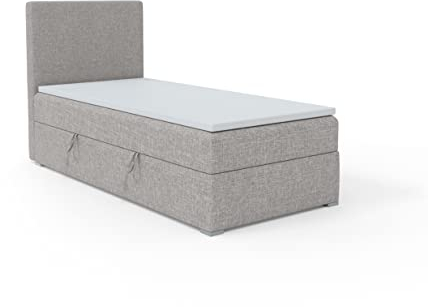 FEDVE Boxspringbett 90x200 cm Grau - Kolorado – Dauerhaft Bett mit Bettkasten Rechts – Praktisches Einzelbett für Viele Jahr – Kopfteil Bett mit Stauraum zum Schlafzimmer