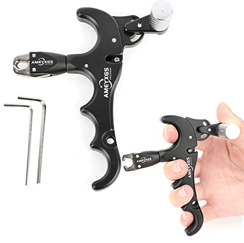wolfman Bogenentriegelungshilfe für Bogenschießen 4 Finger Aluminiumlegierungs-Verbundbogenentriegelungshilfen automatischer Daumenauslöser Bremssattelgriff für Bogenjagdzubehör (Schwarz)