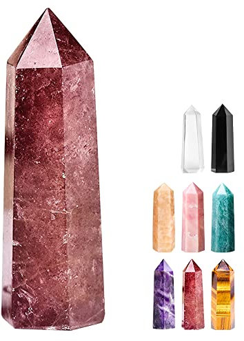 Tyuodna Healing Crystal Point Wand, 70-80mm Healing Crystal Stones,Quartz Crystal Stones Hexagon Crystal Wands,Amethyst Rose Quartz Crystal,for Reiki Chakra Meditation Therapy Deco(Strawberry Crystal)