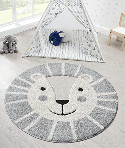 the carpet Lou Weicher Kuscheliger Kinderteppich, Weicher Kuschel-Flor, Pflegeleicht, Farbecht, Outdoor, 3D Optik, Tier Motiv, Grau, 160 cm Rund