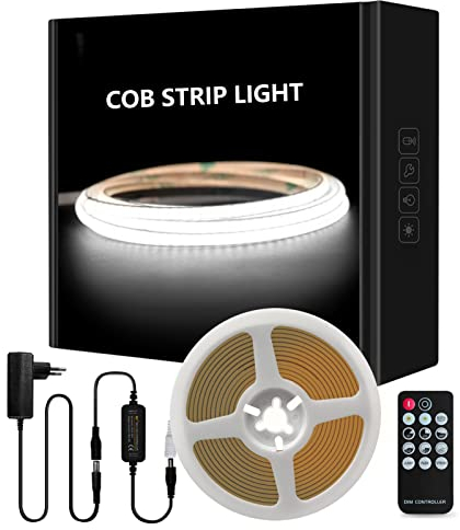 Tayire COB LED Streifen 6500K Set, DC24V Schneidbar LED Strip 5m 480LEDs/M,CRI90+ 4mm Biegbar LED Band Hohe Helligkeit LED Lichtband für Schrank Schlafzimmer Küche TV Spiegel DIY Beleuchtung