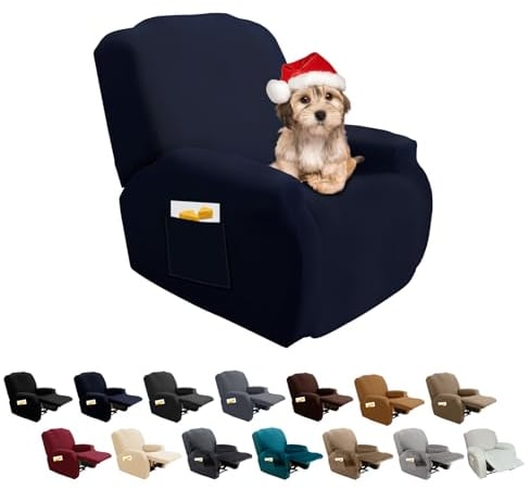 FIGOOO Stretchhusse für Relaxsessel 4-Teilig Stretch Sesselbezug Relaxsessel mit Seitentasche Sesselschoner,Marineblau