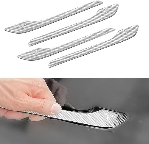 4PCS Door Handle Cover Compatible with Tesla Model 3 (2019-2025) Highland Model Y (2020-2026) Juniper Real Carbon Fiber Sticker Wrap Covers Exterior Trim Door Sill Protector Accessories (Silver)