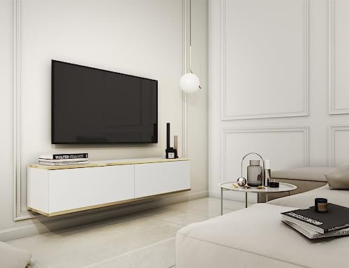 Arthauss Oro White Floating TV Cabinet 135cm - Wall Mounted TV Unit with Space Saving Design and Sleek Storage - Wall Hung TV Cabinet with Push-To-Open System - Ideal for Contemporary Living Spaces