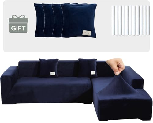 TOPCHANCES Samt Sofabezug 1 2 3 4 Sitze,Sofabezüge Ecksofa L Form,Sofa Überwürfe Stretch Couchbezüge mit 4 Kissenbezügen Universal für Couch Cover Möbelbezug(3+3 Sitze,Navy Blau)