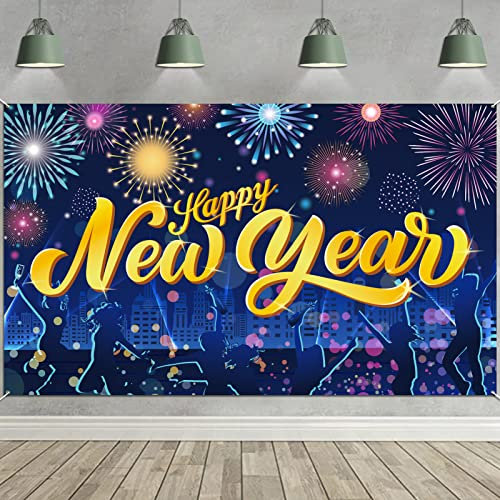 DPKOW Buntes Feuerwerk Happy New Year Banner für 2026 Silvester Dekoration, Hintergrund Banner für 2026 Neujahr Party Dekoration für Innen Außen, Frohes Neues Jahr Deko, 185 * 110cm