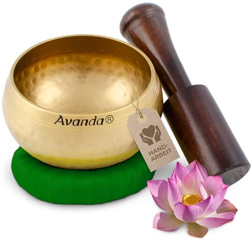 Juego de cuenco tibetano para yoga, meditación y relajación - Cuenco tibetano martillado Ø 10 cm, mazo de madera de mango y cojín anular verde
