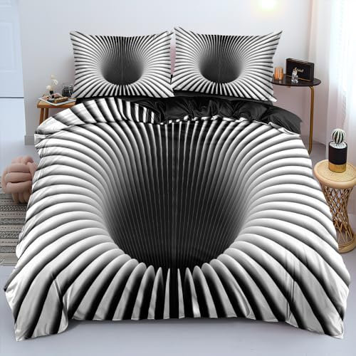 DXHOME Bettwäsche Gestreift Weiß Schwarz 220x240cm Geometrisch Weiche Mikrofaser 3D-Digitaldruck Doppelbett Bettwäsche Set Bettbezug mit Reißverschluss und 2 Kissenbezüge 80 x 80cm