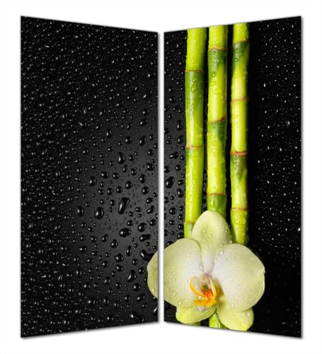 Wallario Selbstklebende Duschrückwand 160 x 180 cm, 2-teilig mit Motiv Grüne Orchidee mit Bambus auf schwarz - Regentropfen - Wandverkleidung Fließenersatz mit Hochglanzlaminat in Glasoptik