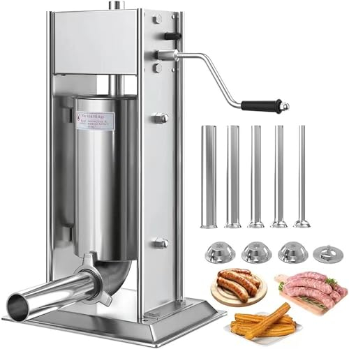 XoTiq 2 in 1 sausage stuffer, 304 stainless steel sausage stuffer, (2 types of molds), 2 speed stainless steel vertical sausage maker, churro maker, filling nozzle for commercial and home use 5L