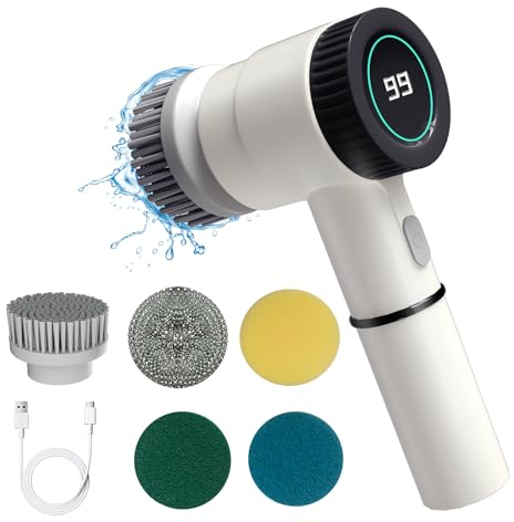 Elektrische Reinigungsbürste,Fugenreiniger Elektrisch,Electric Cleaning Brush mit Led Anzeige, 5 Bürstenkopfe,3 Modi Perfekt Spin Scrubber für Bad,Badezimmer,Küche, Waschbecken