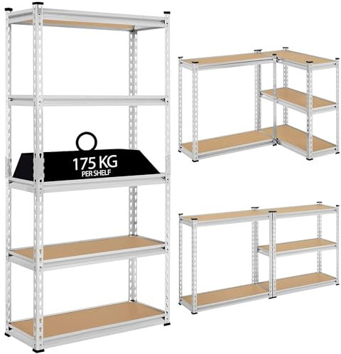 JupiterJX Garage Shelves Storage Shelving Unit, 5 Tier Heavy Duty 875KG Capacity Boltless Industrial Metal Racking Unit For Home/Office/Workshop/Warehouses (150 x 70 x 30cm, Galvanised)