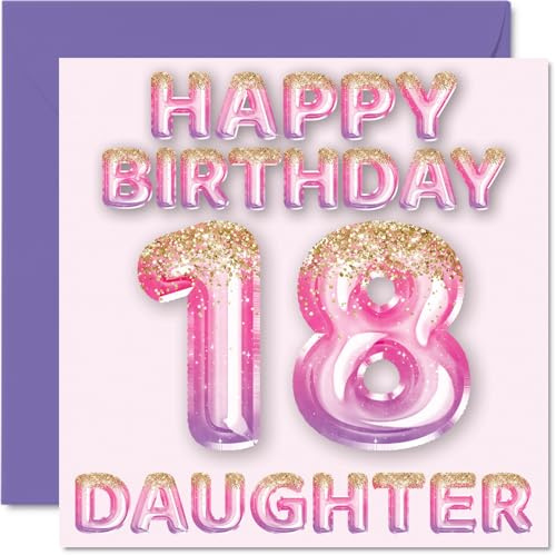 18th Birthday Card for Daughter, Pink & Purple Glitter Balloons | Happy Birthday Cards for 18 Year Old Daughter from Mum or Dad Parents, 145mm Bday Greeting Cards Gift