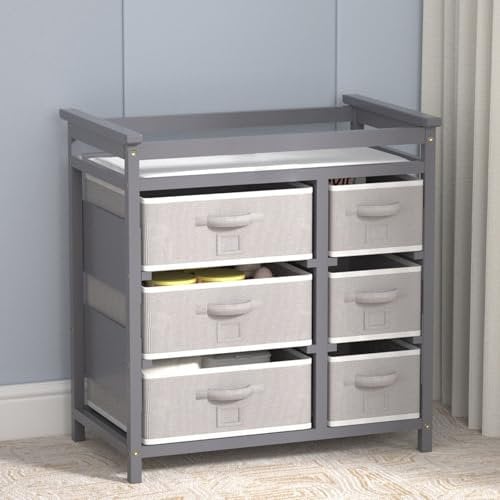 XJD Wickelkommode mit Wickelaufsatz, Wickeltisch Baby, Kommode mit 6 Schubladen, Wickelregal Wickelstation, Wickelschrank, Grau, MDF