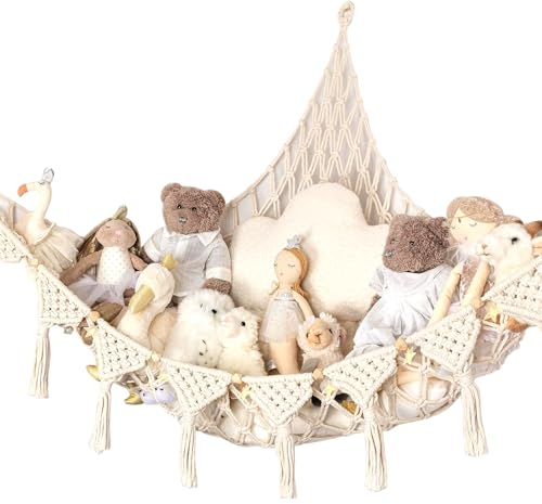 Kuscheltier Aufbewahrung Netz Boho Makramee Stofftier Hängematte Hängend Spielzeug Organizer für Kinderzimmer Schlafzimmer