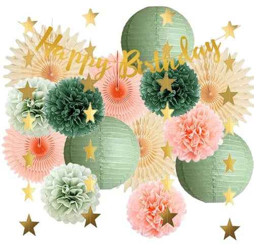 Sage Green and Peach Birthday Decorations Olive Sage Green Birthday Decorations Tissue Paper Fans Paper Lanterns Pom Poms Peach Birthday Decorations with Happy Birthday Banner Gold for Girls Women