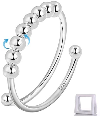 Anxiety Ring Stress Ring Silber 925 Damen Angst Ring Spinner Ring Fidget Ring Anti Stress Ring Frauen Ringe Beweglichen Perlen Schmuck Geschenke (Halbdoppelschicht)