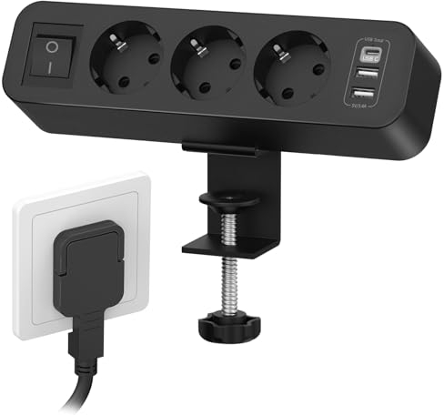 Tischsteckdose mit USB C, 3 Fach Mehrfachsteckdose Flachstecker mit Schalter, Steckdosenleiste Schreibtisch mit 3M Kabel für Zuhause Büro