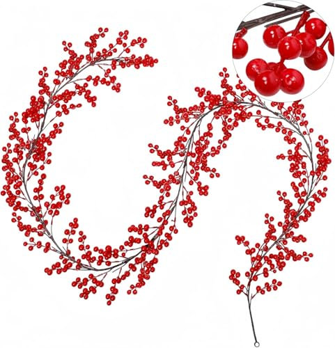 KAHEIGN Beerengirlande Weihnachtsgirlande 200cm Beerengirlande Stechpalme Deko, Flexibel Biegbar Weihnachten Girlanden mit roten Beeren, Künstliche Beerengirlande für Weihnachten Tischdeko