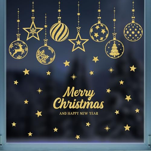 4 Fogli Vetrofanie Natalizie Glitter Oro per Finestre, Adesivi Natalizi per Finestre Glitterati Albero di Natale Stelline, Sticker Natalizi Decorazione Addobbi Vetrina Vetro Natale