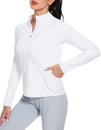 M MOTEEPI Poloshirt Damen Langarm mit Tasche Quarter Zip Poloshirts Golf Shirt für Damen Funktionsshirt Laufshirt Weiß 3XL