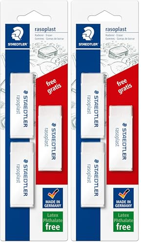 STAEDTLER 526 B20BK3P Radierer rasoplast phtalat- und latexfrei, 65 x 13 x 23 mm, 3 Stück auf Blisterkarte, 1 Stück gratis, weiß (Packung mit 2)