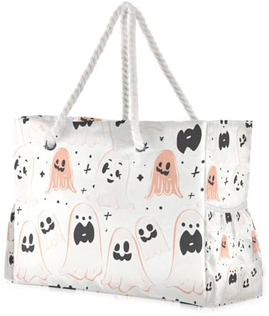 Halloween Ghosts Sanddichte Damen-Tragetasche mit Seitentaschen, große Wochenendtasche mit Getränkehaltern an der Seite