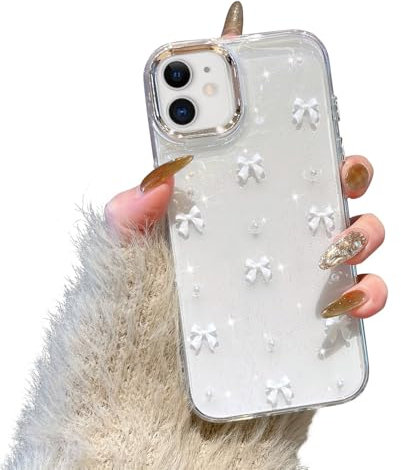 EYZUTAK Handyhülle für iPhone 11, Funkelnde 3D Bowknot Telefon Hülle Nette Glitzend Kristall Klare Schleife Design Case Schlank Weich TPU Transparente Schutzhülle - Weiße Schleife
