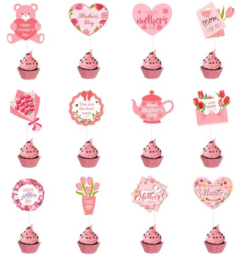12 Pcs Happy Mother's Day Cupcake Topper - Pink Mothers Day Cake Toppers Happy Mothers Day Decorations Mom Mother Birthday Cake Favors Mother's Day Party Supply