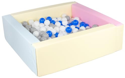 Velinda Piscine à balles carrée avec 300 balles, Cuir écologique, 5 éléments (Couleur de la Piscine/de balles: Rose, Bleu, Jaune (Pastel)/Blanc,Bleu,Gris)