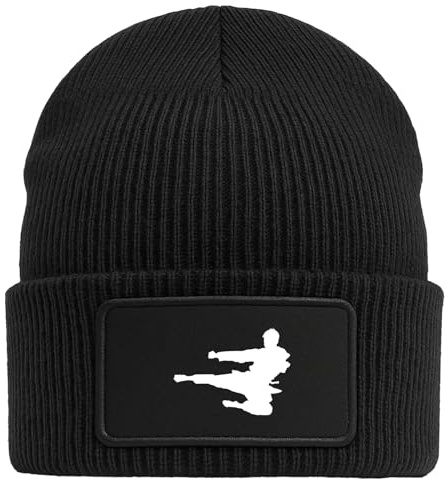 Huuraa Beanie Karate Silhouette Geschenk | Black Geschenkidee Schwarze Rippstrick Wintermütze mit austauschbarem Klett Patch