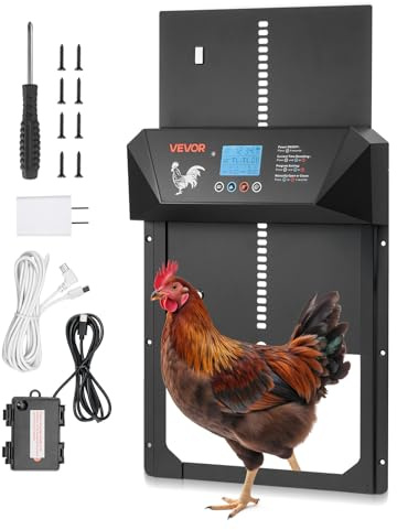 VEVOR Porte Poulailler Automatique, Alimentation par Piles et CC, Écran LCD, Capteur de Lumière, Minuterie, Réglage Manuel, Système Anti-pincement, Alliage d'Aluminium, Ouvre-porte Poulailler de Ferme