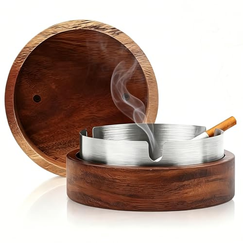 Outdoor Ashtray, Stainless Steel Inner Layer Ashtray With Wooden Lid Smell Proof for Garden Bar Restaurant Office (Brown, 1PC)