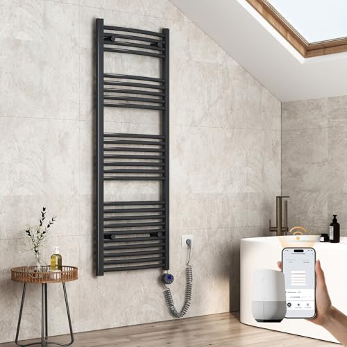 EMKE Gebogen Badheizkörper Elektrisch 1400x500 mm - WiFi Handtuchheizkörper Elektrisch, Elektrischer Handtuchwärmer Handtuch Heizkörper Bad mit Thermostat und Heizstab - 600W, Anthrazit