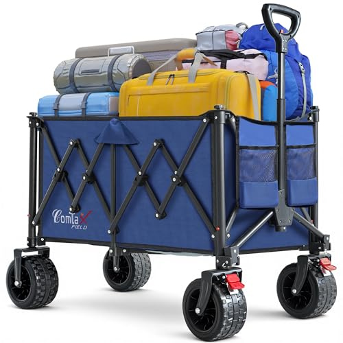 COMLAX FIELD Bollerwagen Faltbar 200L 200KG, Handwagen, Strandwagen | Faltbollerwagen, Klappbar, mit Breiten All Terrain Räder, mit Bremsen, Griff Verstellbar, für Camping Strand Garten Einkaufen