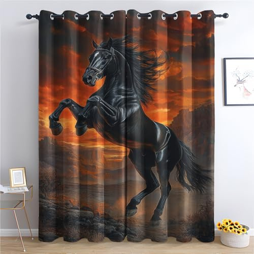 Generisch Pferd Vorhänge Galoppierendes Pferd Sonnenuntergang Verdunklungsvorhänge, Vorhang Blickdicht Gardinen mit Ösen, Schlafzimmer Wohnzimmer Deko, Thermovorhang 2er Set H 175 x B 140 cm