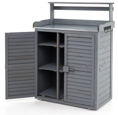 COSTWAY Pflanztisch Outdoor wetterfest, Gärtnertisch Holz, Blumentisch mit Unterschrank & verzinkter Arbeitsplatte & abnehmbaren Regalen, Gärtnertisch für Garten Terrasse Hof, 87x45x120cm, Grau