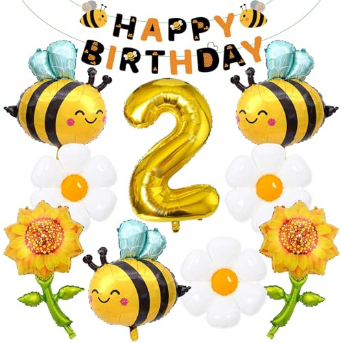 10PCS Bienen Geburtstag Folienballon Deko,Luftballon 2. geburtstags biene | Bienen luftballon 2.,Deko 2 Geburtstag Folienballons mit biene,Blume Ballons,Sonnenblume,Girlande,für 2 Jahre Geburtstagsdeko